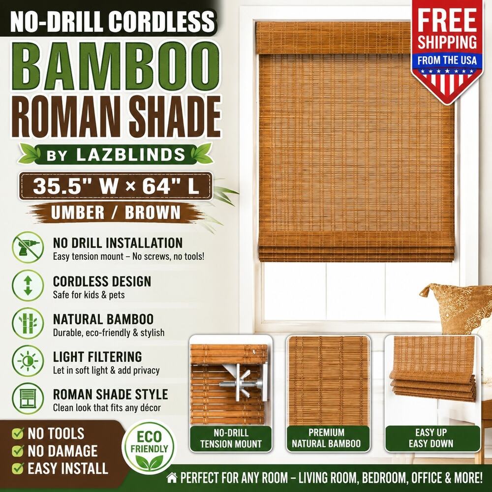 No-Drill Cordless Bamboo Roman Shade – 35.5" W × 64" L – Umber/Brown